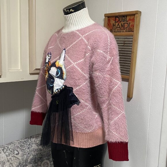 Pink Argyle Mock Neck Cat Sweater Size Medium - Picture 4 of 7